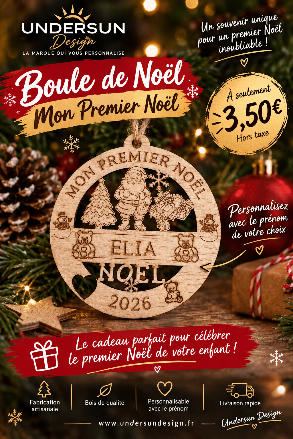 🎄 Boule de Noël personnalisée en bois – « Mon Premier Noël » 🎄 création artisanale - Undersun Design