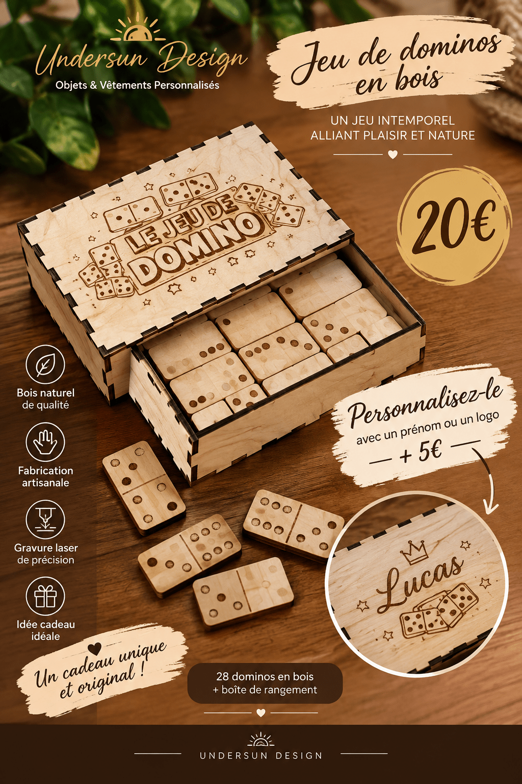 🎲 Jeu de dominos en bois – Fabrication artisanale - Undersun Design