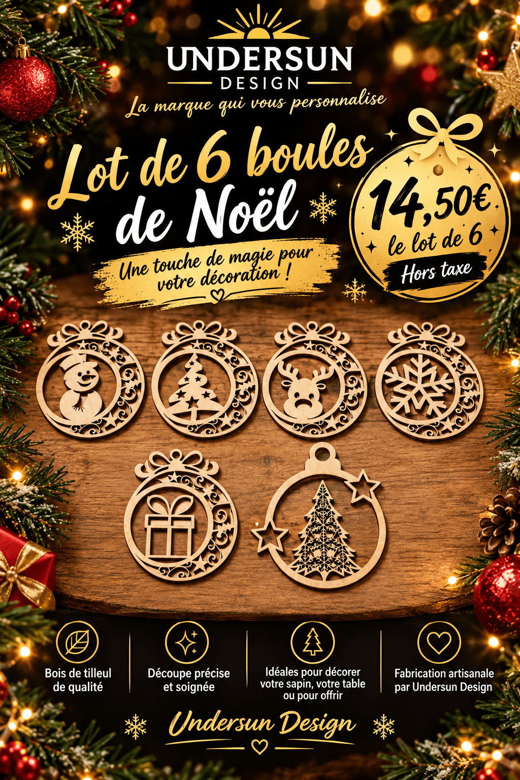 🎄 Lot de 6 boules de Noël en bois de tilleul – Undersun Design 🎄création artisanale - Undersun Design